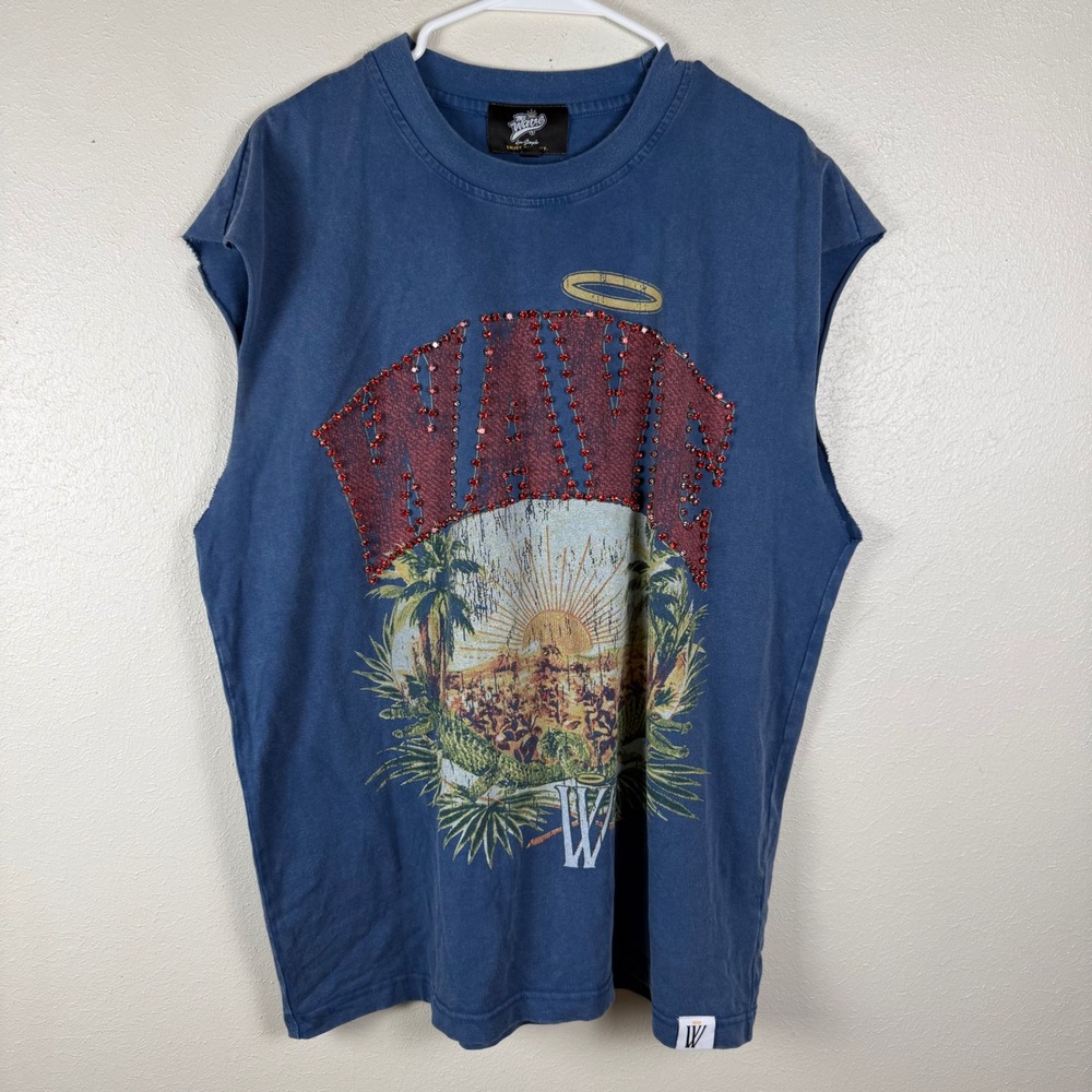 Mr Wave Los Angeles Blue Graphic Muscle Tee Rhinestone Wave Sunset Mens L